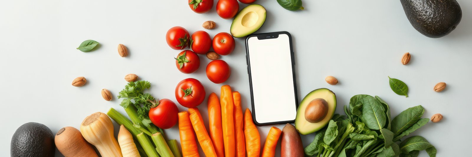 Fresh vegetables and fruits arranged around a smartphone on a light surface in a kitchen setting